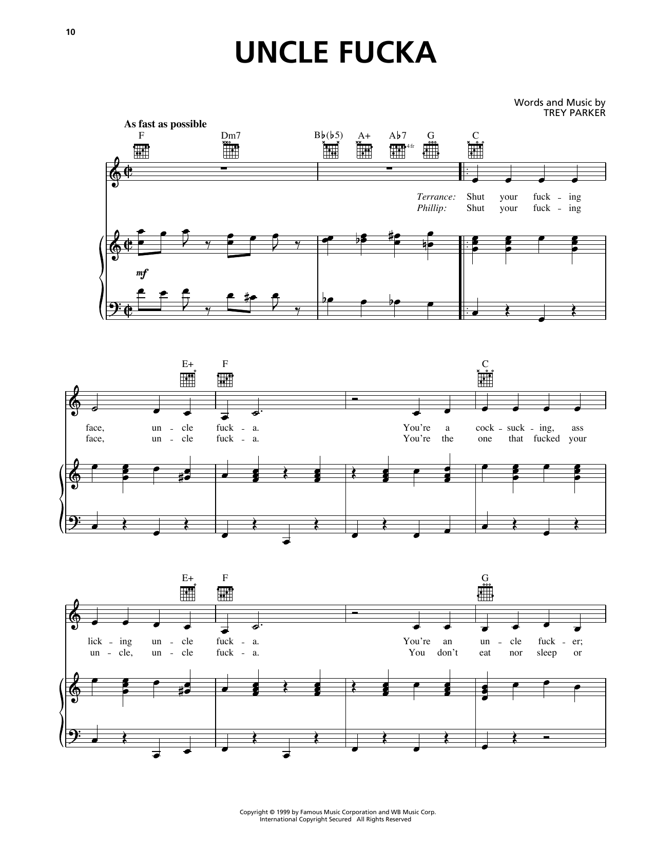 Trey Parker Uncle Fucka (from South Park) Sheet Music Notes & Chords for Piano, Vocal & Guitar Chords (Right-Hand Melody) - Download or Print PDF