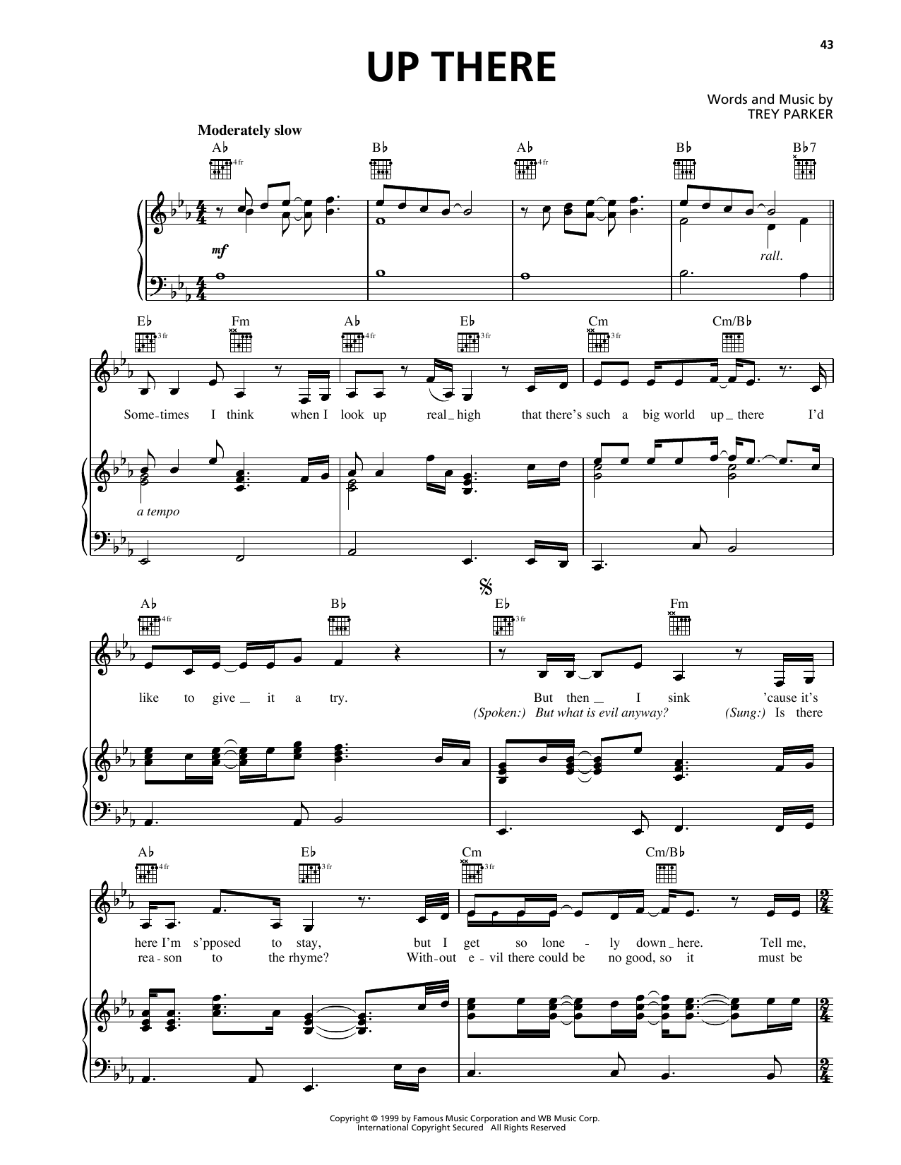 Trey Parker Up There (from South Park) Sheet Music Notes & Chords for Piano, Vocal & Guitar Chords (Right-Hand Melody) - Download or Print PDF