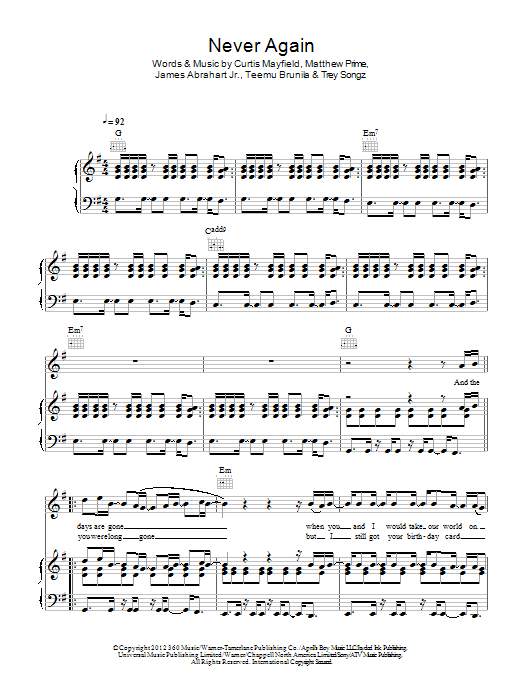 Trey Songz Never Again Sheet Music Notes & Chords for Piano, Vocal & Guitar (Right-Hand Melody) - Download or Print PDF