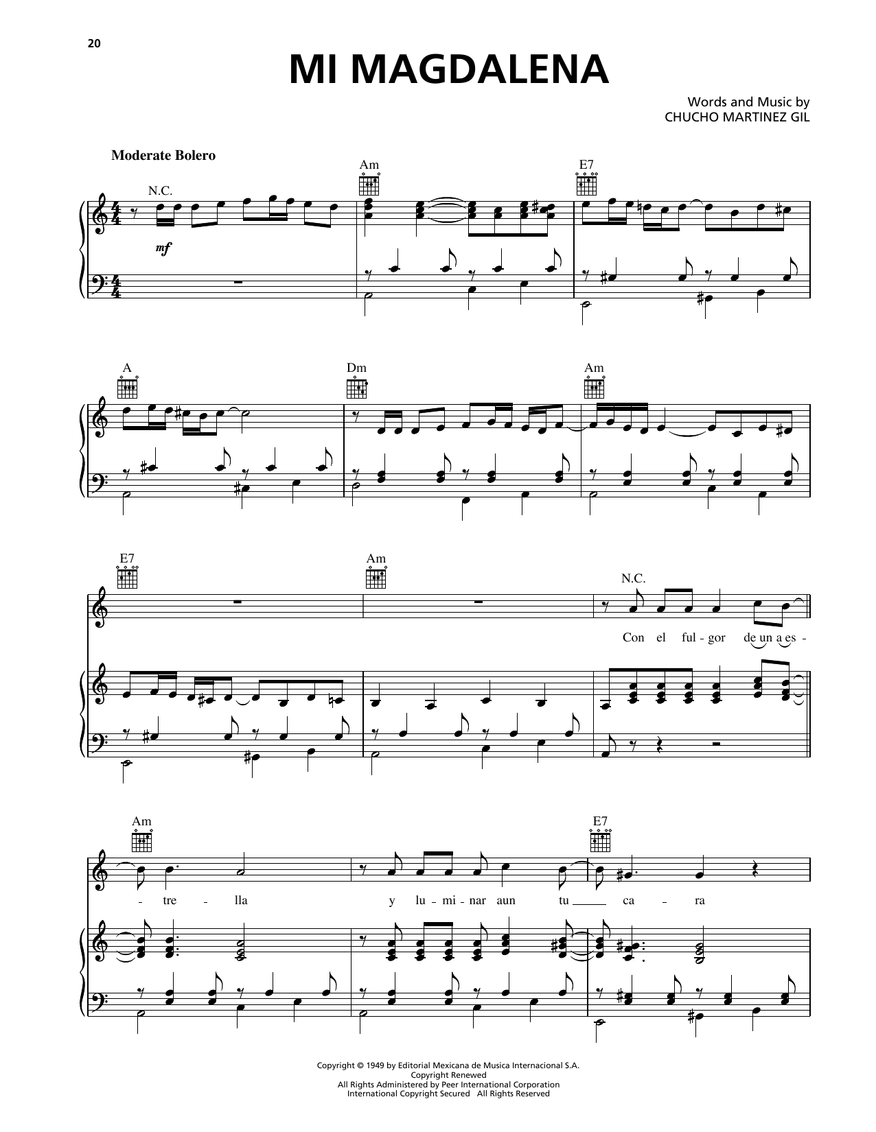 Trio Los Panchos Mi Magdalena Sheet Music Notes & Chords for Piano, Vocal & Guitar Chords (Right-Hand Melody) - Download or Print PDF