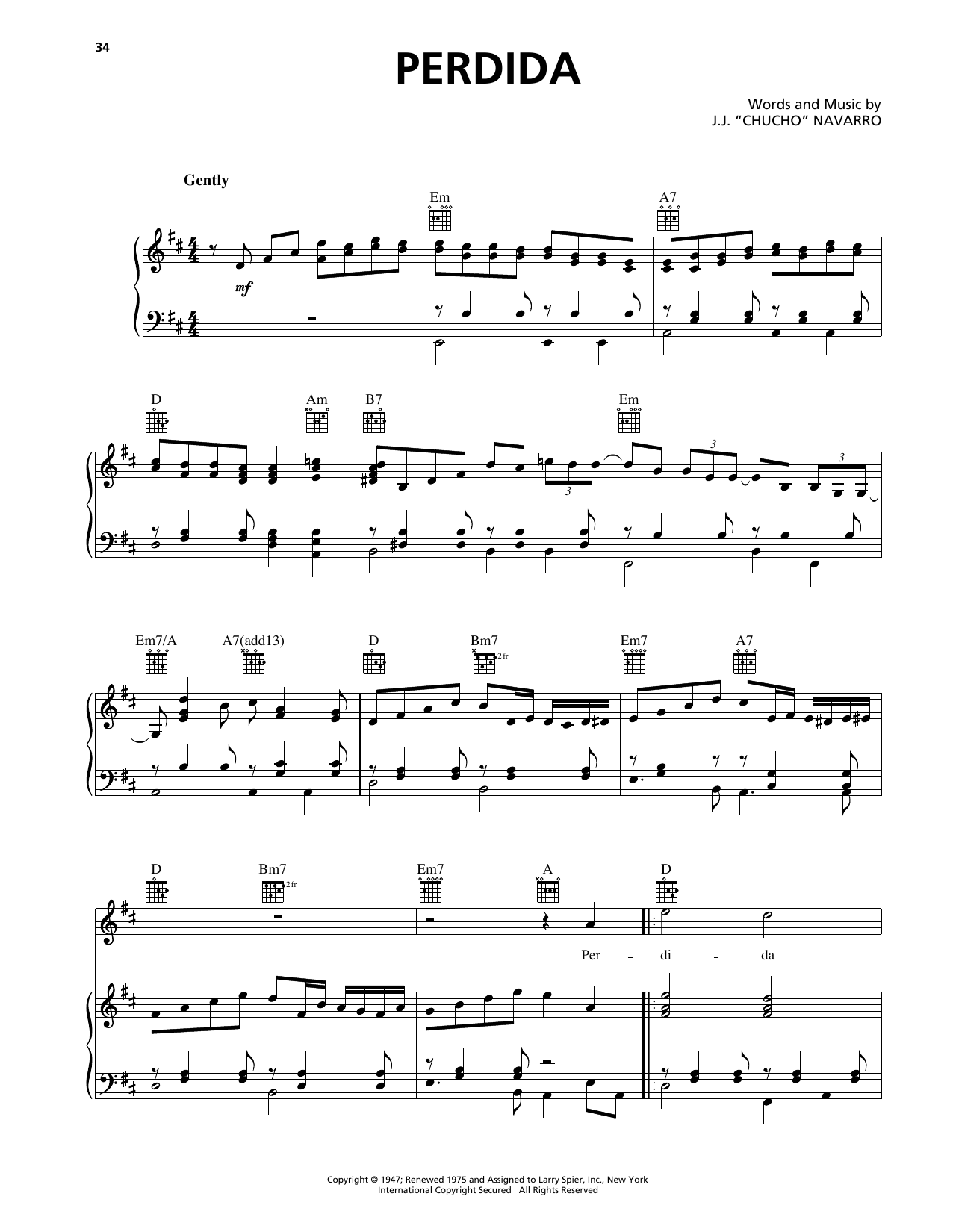 Trio Los Panchos Perdida Sheet Music Notes & Chords for Piano, Vocal & Guitar Chords (Right-Hand Melody) - Download or Print PDF