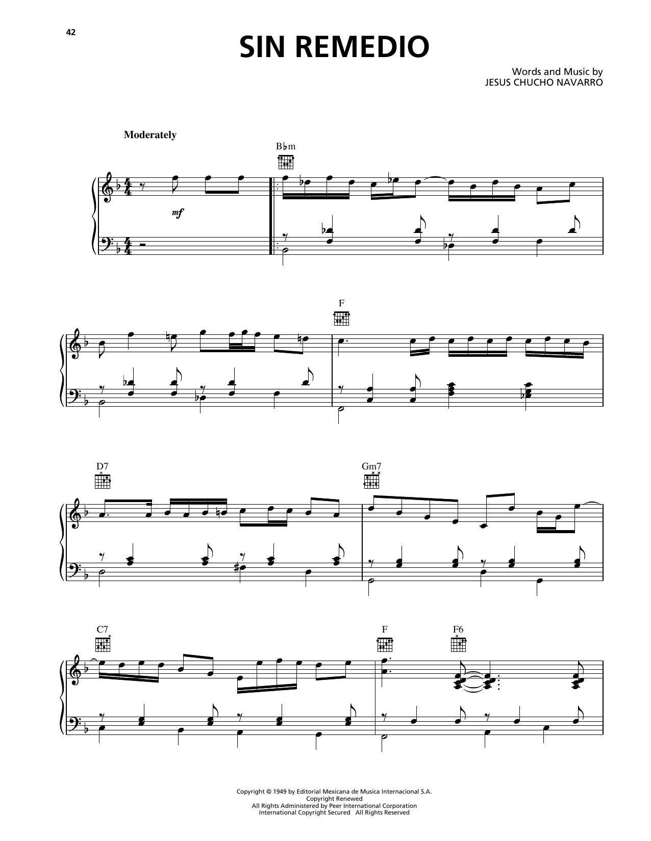 Trio Los Panchos Sin Remedio Sheet Music Notes & Chords for Piano, Vocal & Guitar Chords (Right-Hand Melody) - Download or Print PDF
