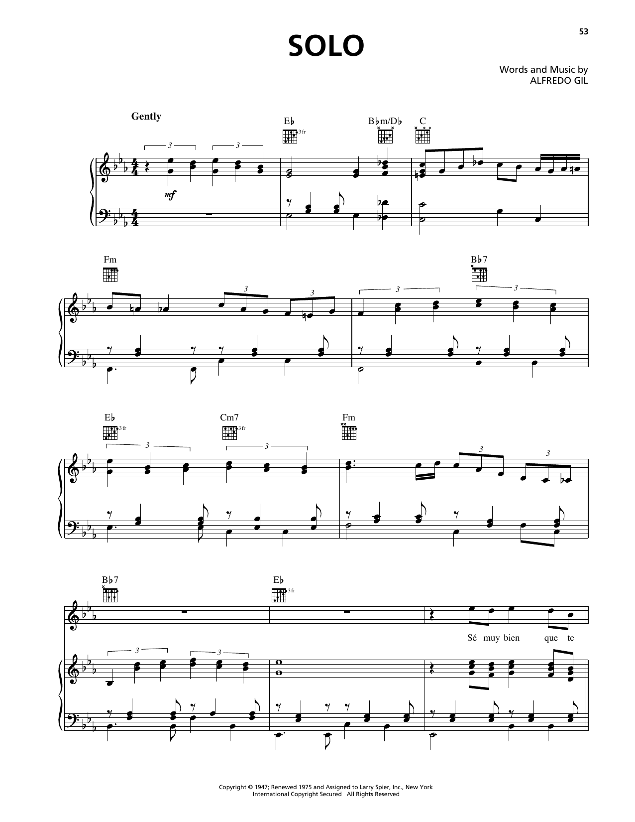 Trio Los Panchos Solo Sheet Music Notes & Chords for Piano, Vocal & Guitar Chords (Right-Hand Melody) - Download or Print PDF