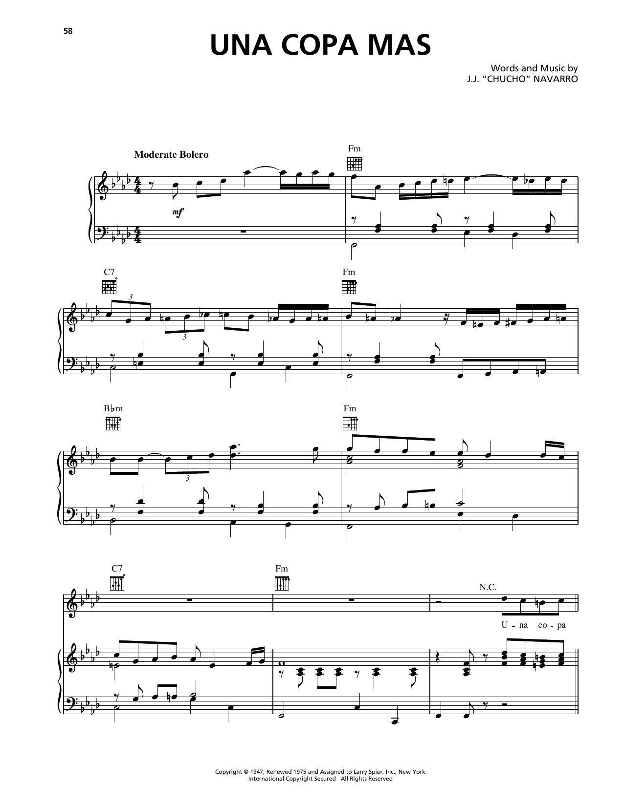 Trio Los Panchos Una Copa Mas Sheet Music Notes & Chords for Piano, Vocal & Guitar Chords (Right-Hand Melody) - Download or Print PDF