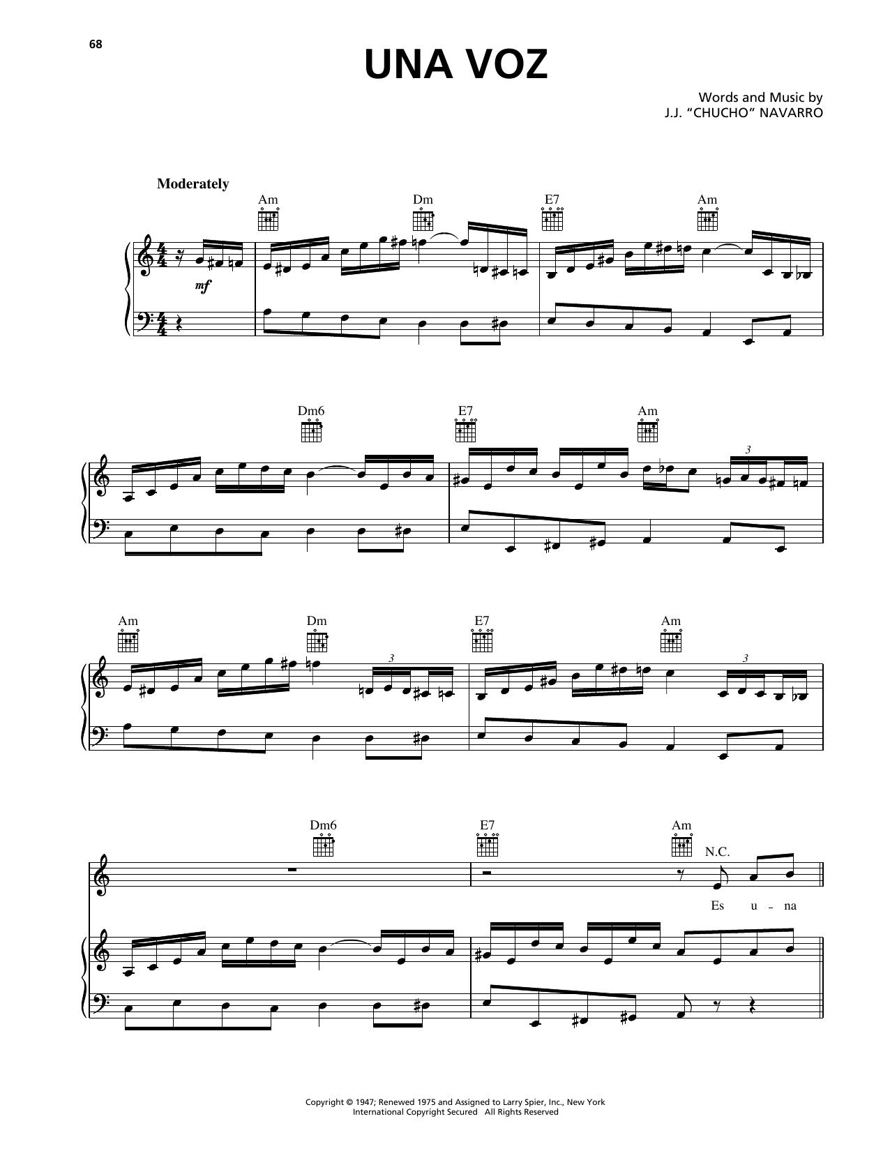 Trio Los Panchos Una Voz Sheet Music Notes & Chords for Piano, Vocal & Guitar Chords (Right-Hand Melody) - Download or Print PDF