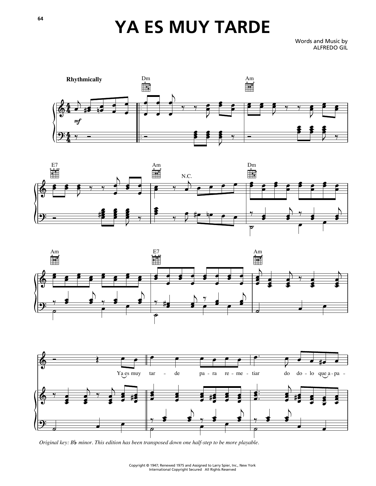 Trio Los Panchos Ya Es Muy Tarde Sheet Music Notes & Chords for Piano, Vocal & Guitar Chords (Right-Hand Melody) - Download or Print PDF