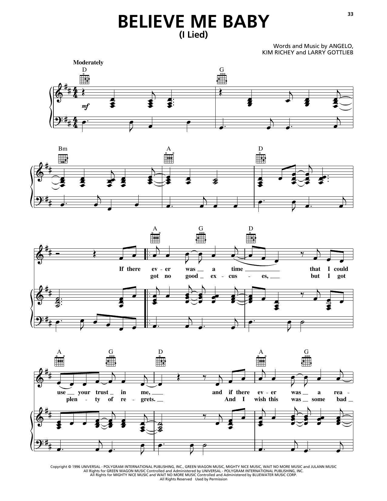 Trisha Yearwood Believe Me Baby (I Lied) Sheet Music Notes & Chords for Piano, Vocal & Guitar (Right-Hand Melody) - Download or Print PDF