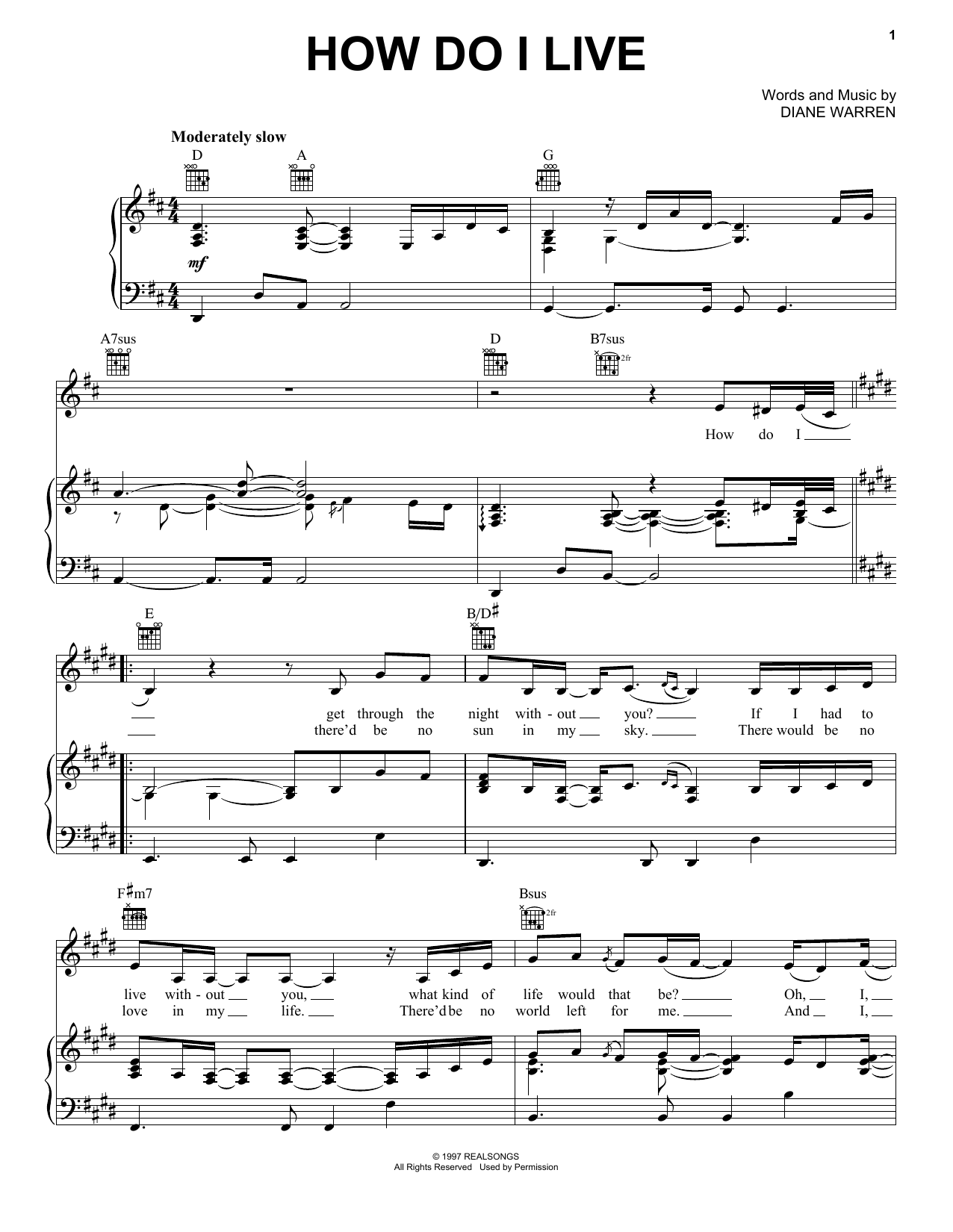 Trisha Yearwood How Do I Live Sheet Music Notes & Chords for Piano, Vocal & Guitar (Right-Hand Melody) - Download or Print PDF