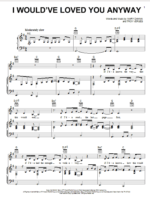 Trisha Yearwood I Would've Loved You Anyway Sheet Music Notes & Chords for Piano, Vocal & Guitar (Right-Hand Melody) - Download or Print PDF