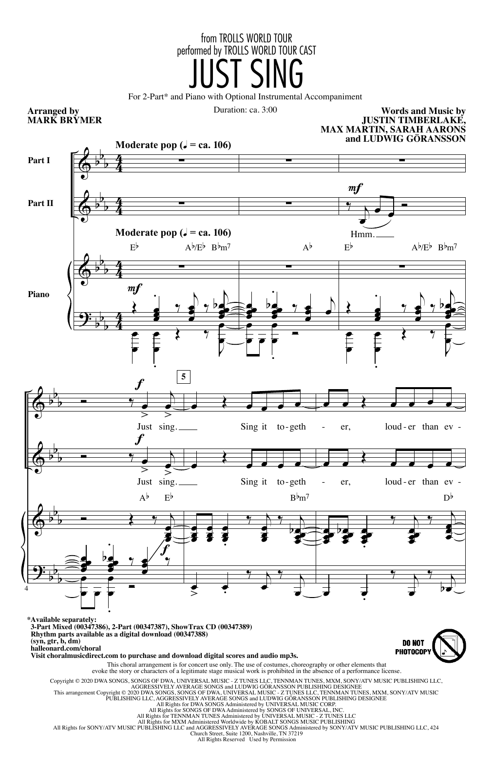 Trolls World Tour Cast Just Sing (from Trolls World Tour) (arr. Mark Brymer) Sheet Music Notes & Chords for 3-Part Mixed Choir - Download or Print PDF