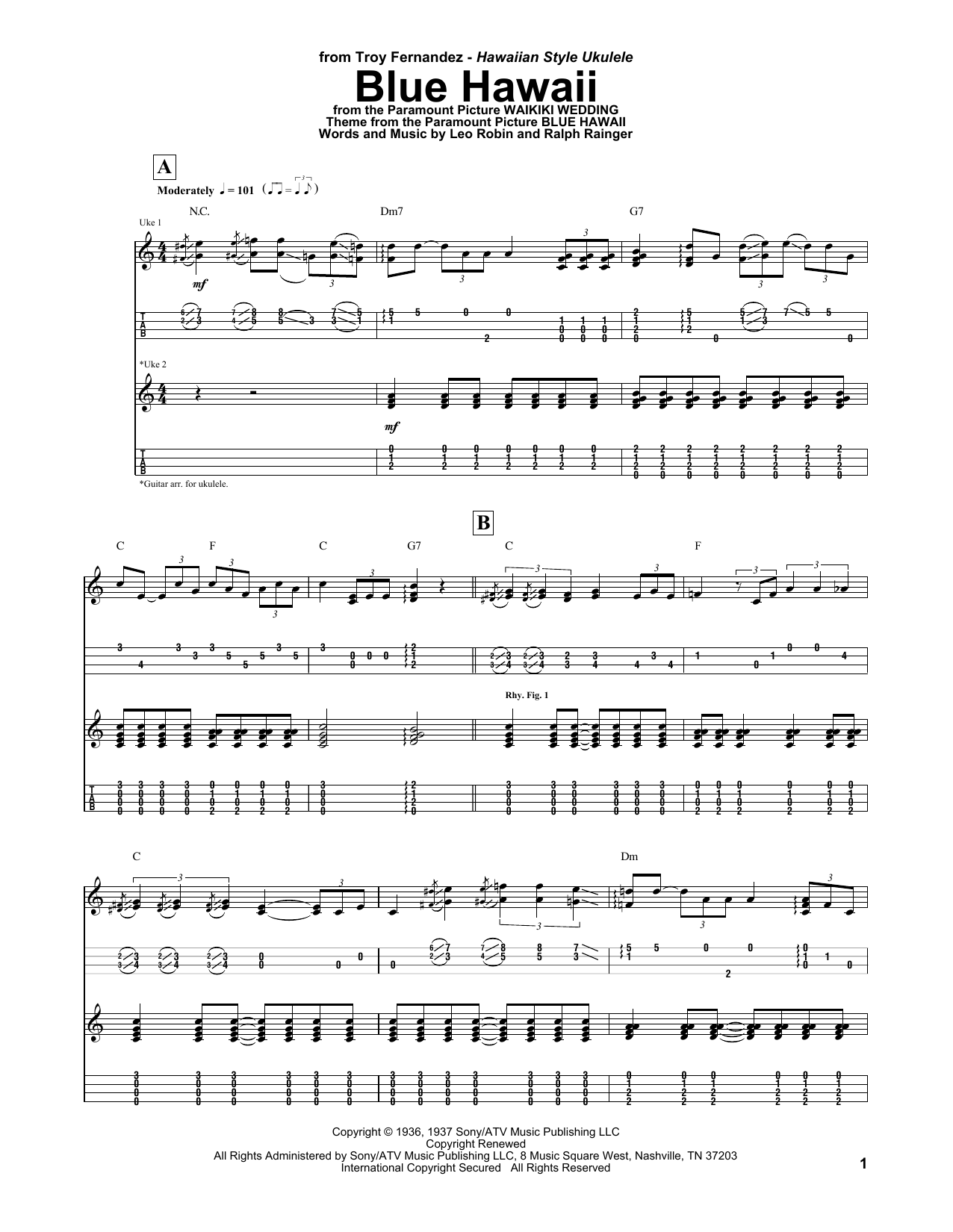 Troy Fernandez Blue Hawaii Sheet Music Notes & Chords for UKETAB - Download or Print PDF