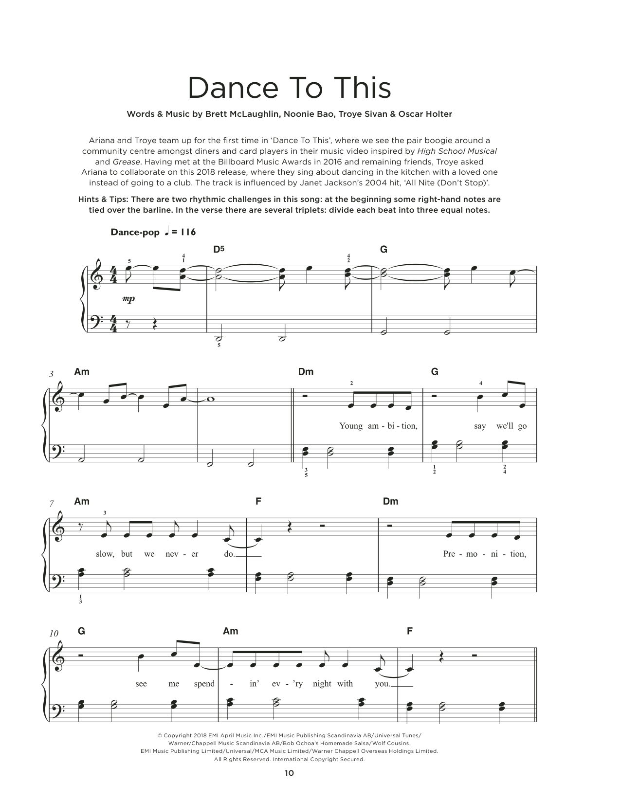 Troye Sivan Dance To This (feat. Ariana Grande) Sheet Music Notes & Chords for Really Easy Piano - Download or Print PDF