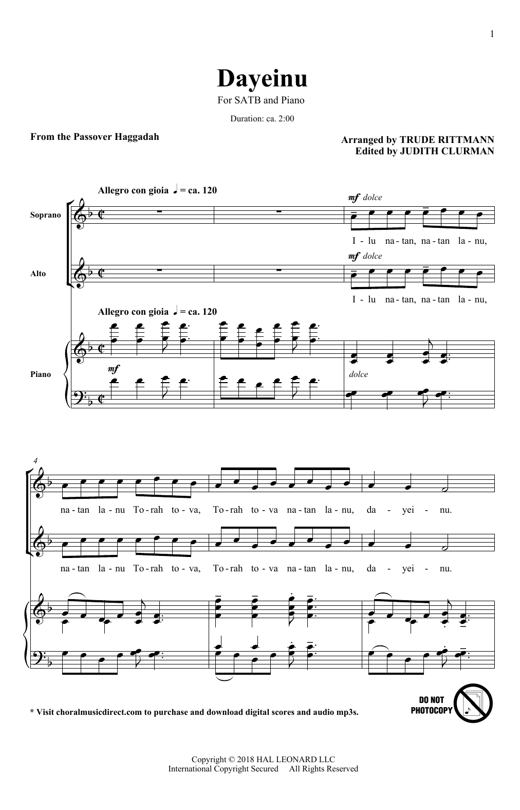 Trude Rittmann Dayeinu Sheet Music Notes & Chords for SATB Choir - Download or Print PDF