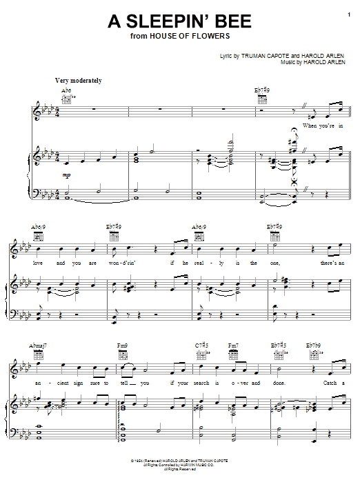 Truman Capote A Sleepin' Bee Sheet Music Notes & Chords for Piano, Vocal & Guitar (Right-Hand Melody) - Download or Print PDF