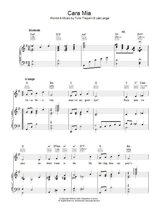 Tulio Trapani Cara Mia Sheet Music Notes & Chords for Piano, Vocal & Guitar (Right-Hand Melody) - Download or Print PDF
