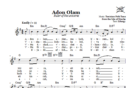 Tunisian Folk Tune Adon Olam (Ruler Of The Universe) Sheet Music Notes & Chords for Melody Line, Lyrics & Chords - Download or Print PDF