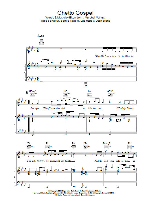 2Pac Ghetto Gospel (feat. Elton John) Sheet Music Notes & Chords for Piano, Vocal & Guitar (Right-Hand Melody) - Download or Print PDF