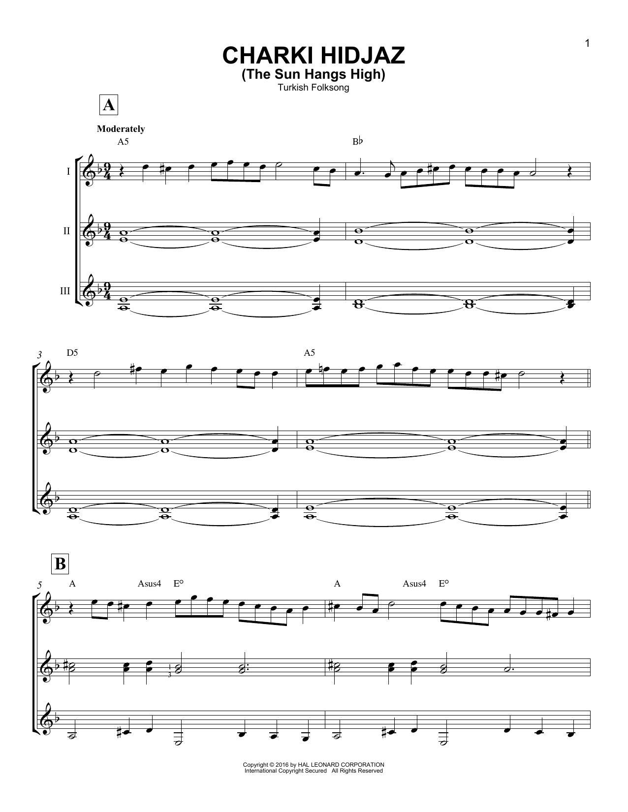 Turkish Folksong Charki Hidjaz (The Sun Hangs High) Sheet Music Notes & Chords for Guitar Ensemble - Download or Print PDF