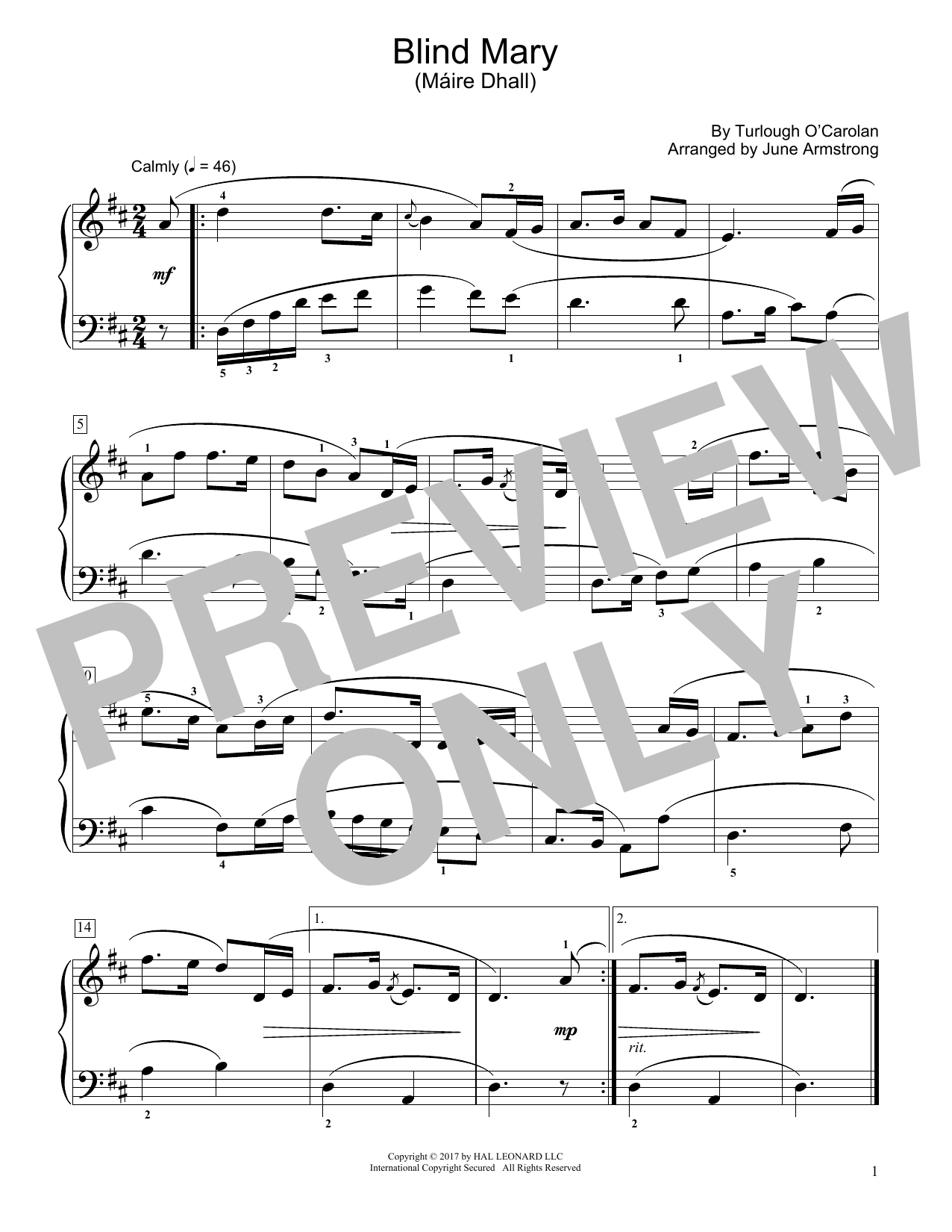 Turlough O'Carolan Blind Mary (Máire Dhall) (arr. June Armstrong) Sheet Music Notes & Chords for Educational Piano - Download or Print PDF