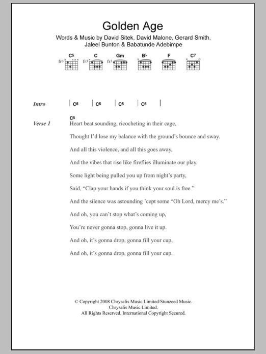 TV On The Radio Golden Age Sheet Music Notes & Chords for Lyrics & Chords - Download or Print PDF