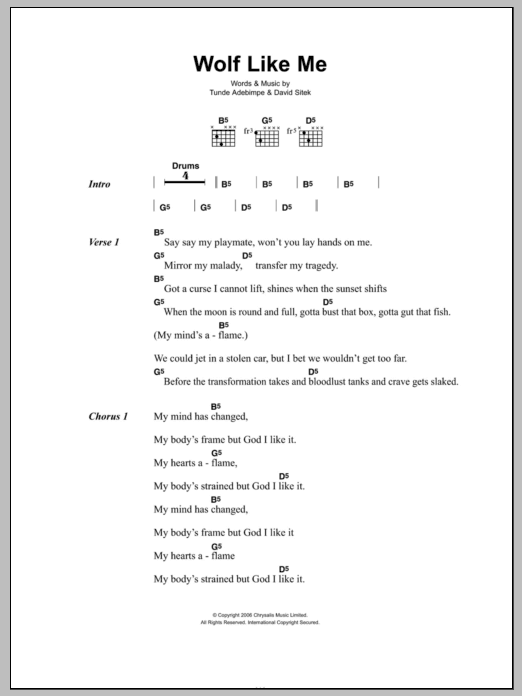 TV On The Radio Wolf Like Me Sheet Music Notes & Chords for Lyrics & Chords - Download or Print PDF TV On The Radio Wolf Like Me Sheet Music Notes & Chords for Lyrics & Chords - Download or Print PDF