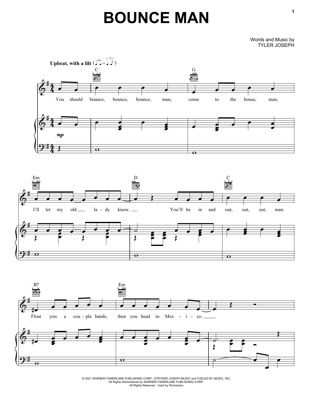 Twenty One Pilots Bounce Man Sheet Music Notes & Chords for Piano, Vocal & Guitar (Right-Hand Melody) - Download or Print PDF