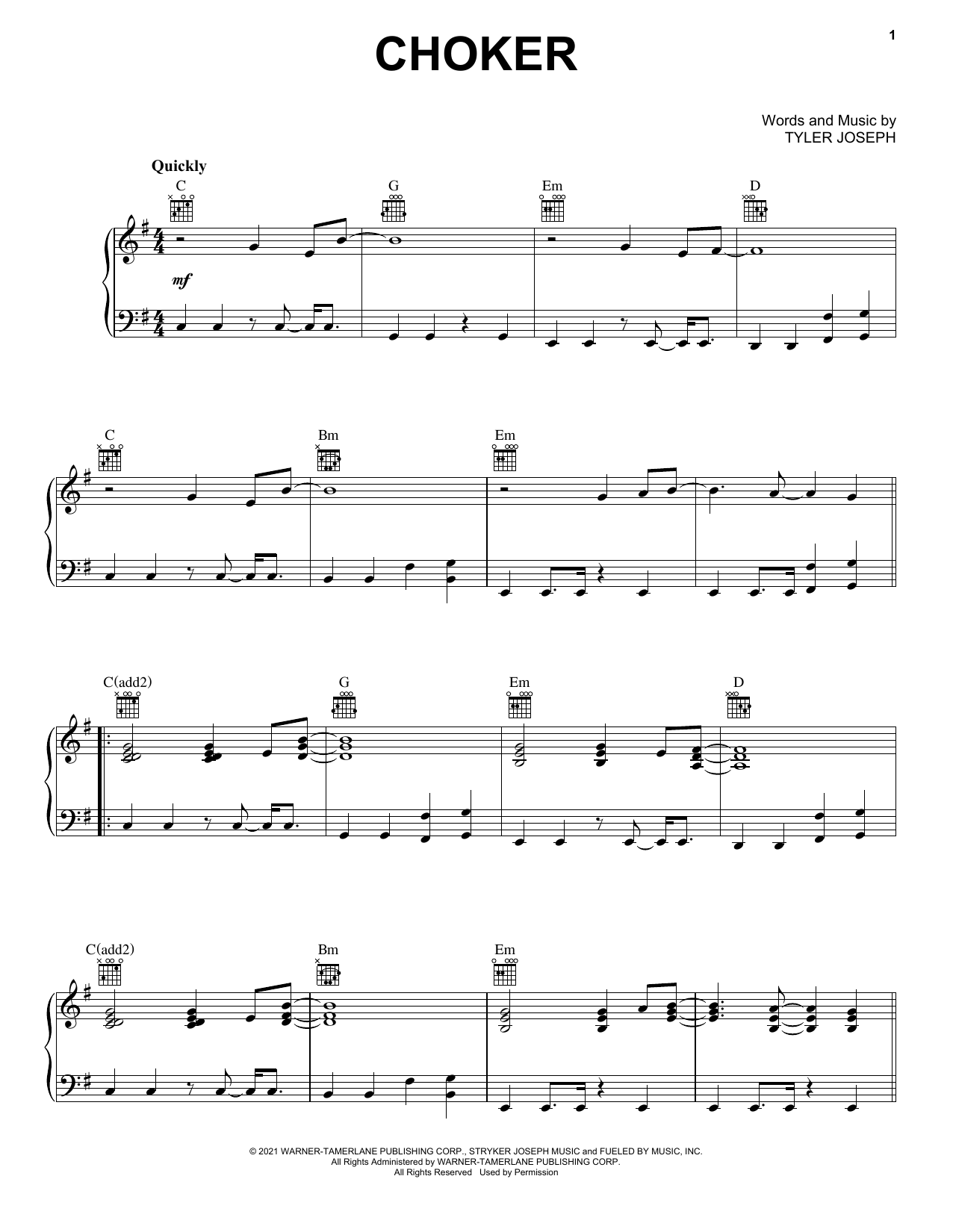 Twenty One Pilots Choker Sheet Music Notes & Chords for Piano, Vocal & Guitar (Right-Hand Melody) - Download or Print PDF