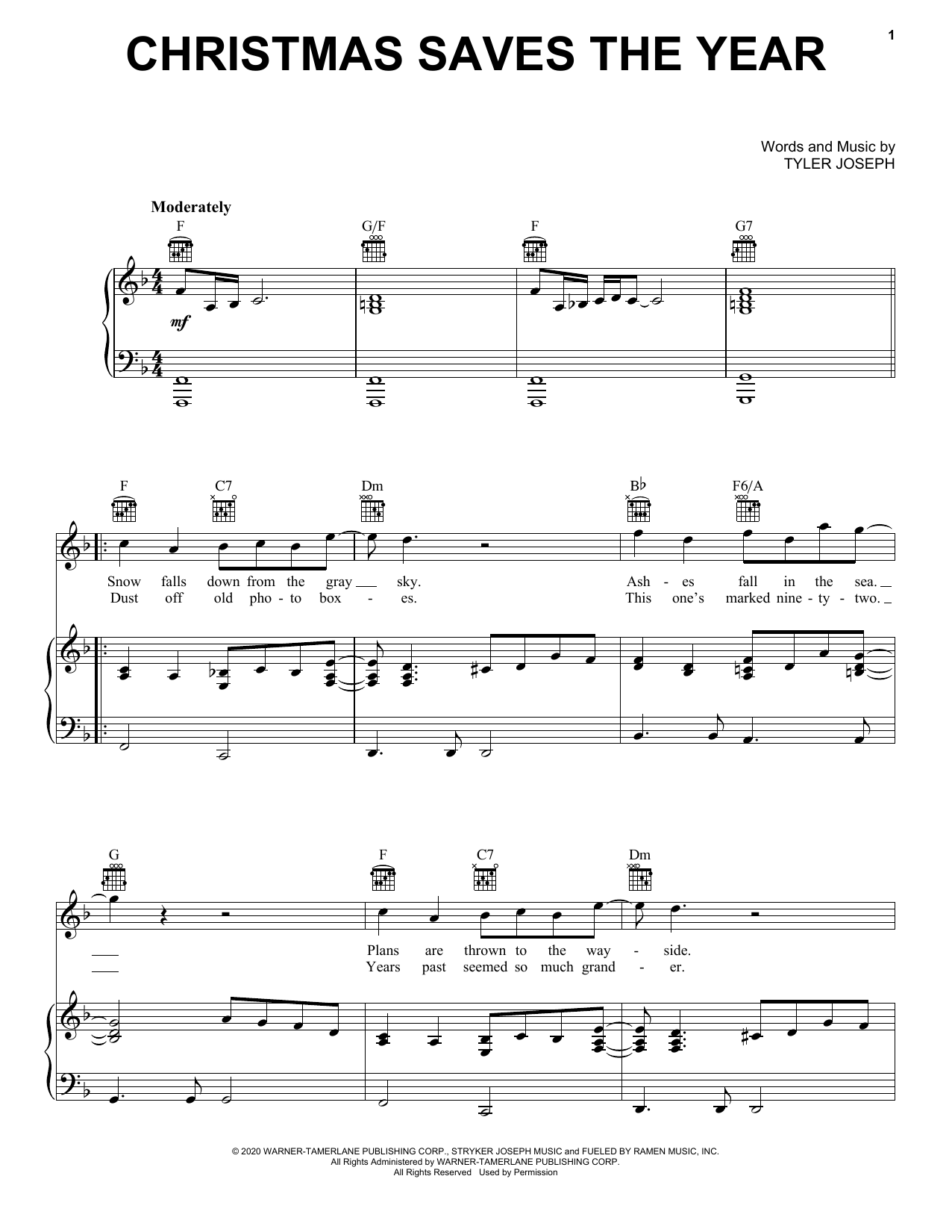 Twenty One Pilots Christmas Saves The Year Sheet Music Notes & Chords for Piano, Vocal & Guitar (Right-Hand Melody) - Download or Print PDF