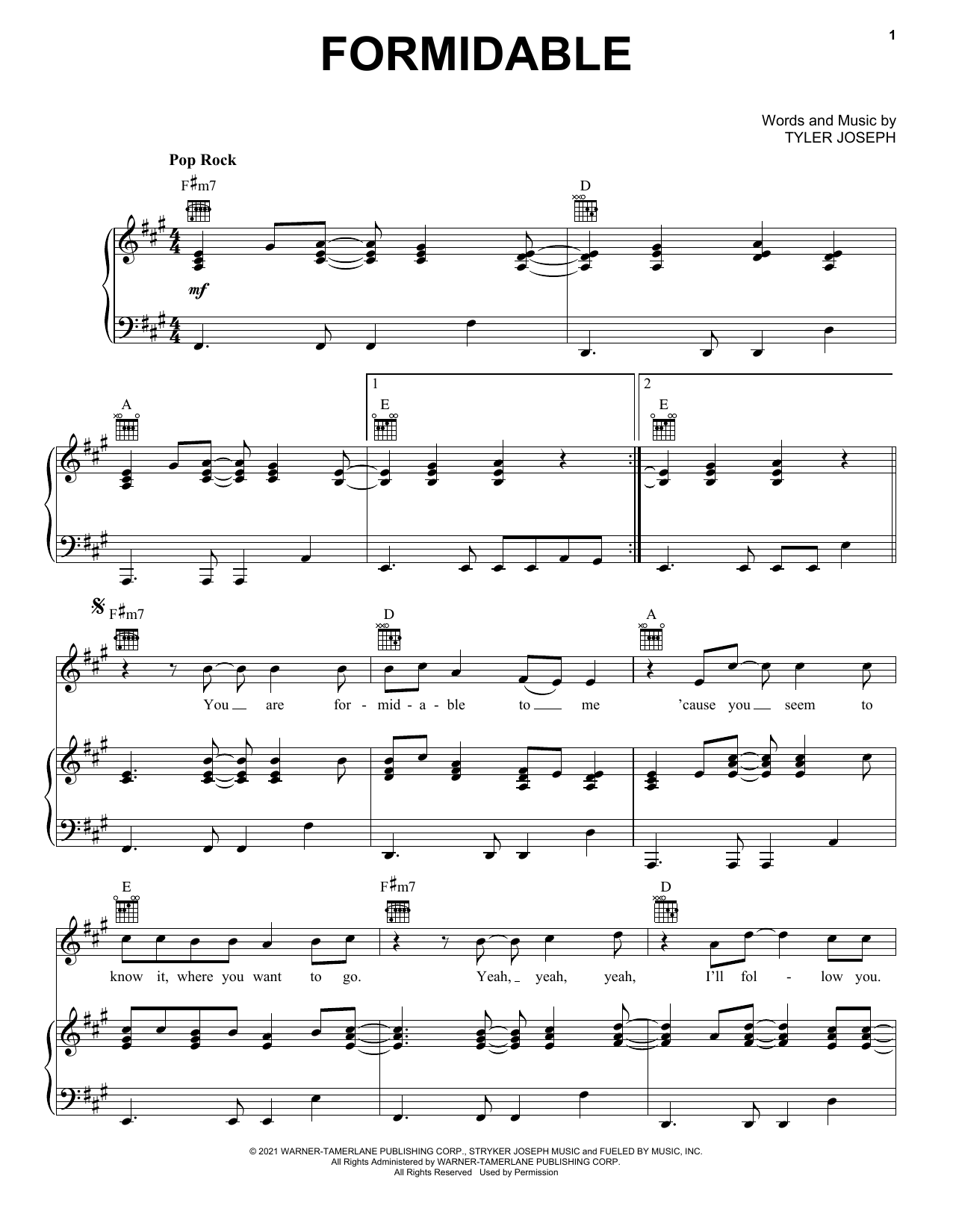 Twenty One Pilots Formidable Sheet Music Notes & Chords for Piano, Vocal & Guitar (Right-Hand Melody) - Download or Print PDF