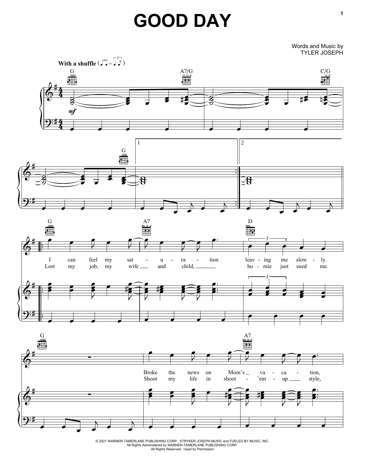 Twenty One Pilots Good Day Sheet Music Notes & Chords for Piano, Vocal & Guitar (Right-Hand Melody) - Download or Print PDF