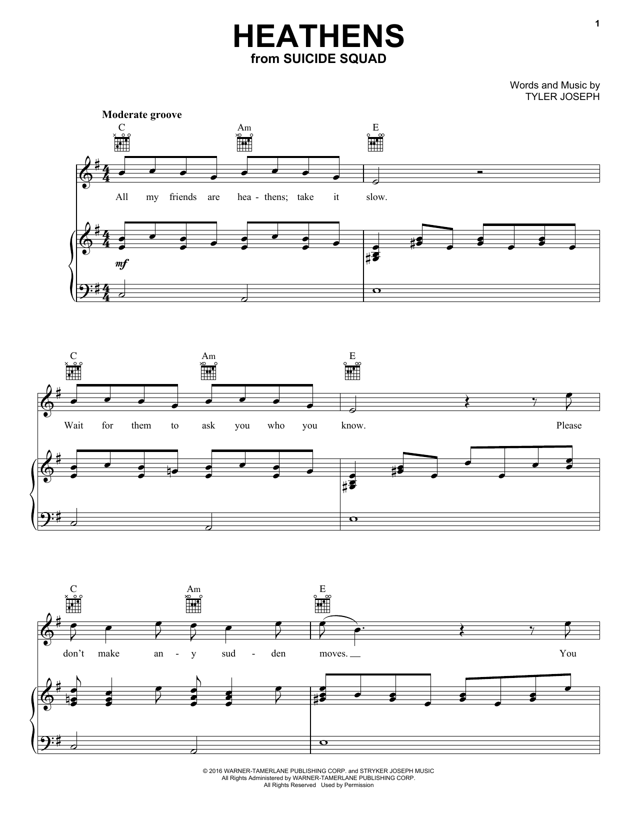 Twenty One Pilots Heathens Sheet Music Notes & Chords for Piano (Big Notes) - Download or Print PDF