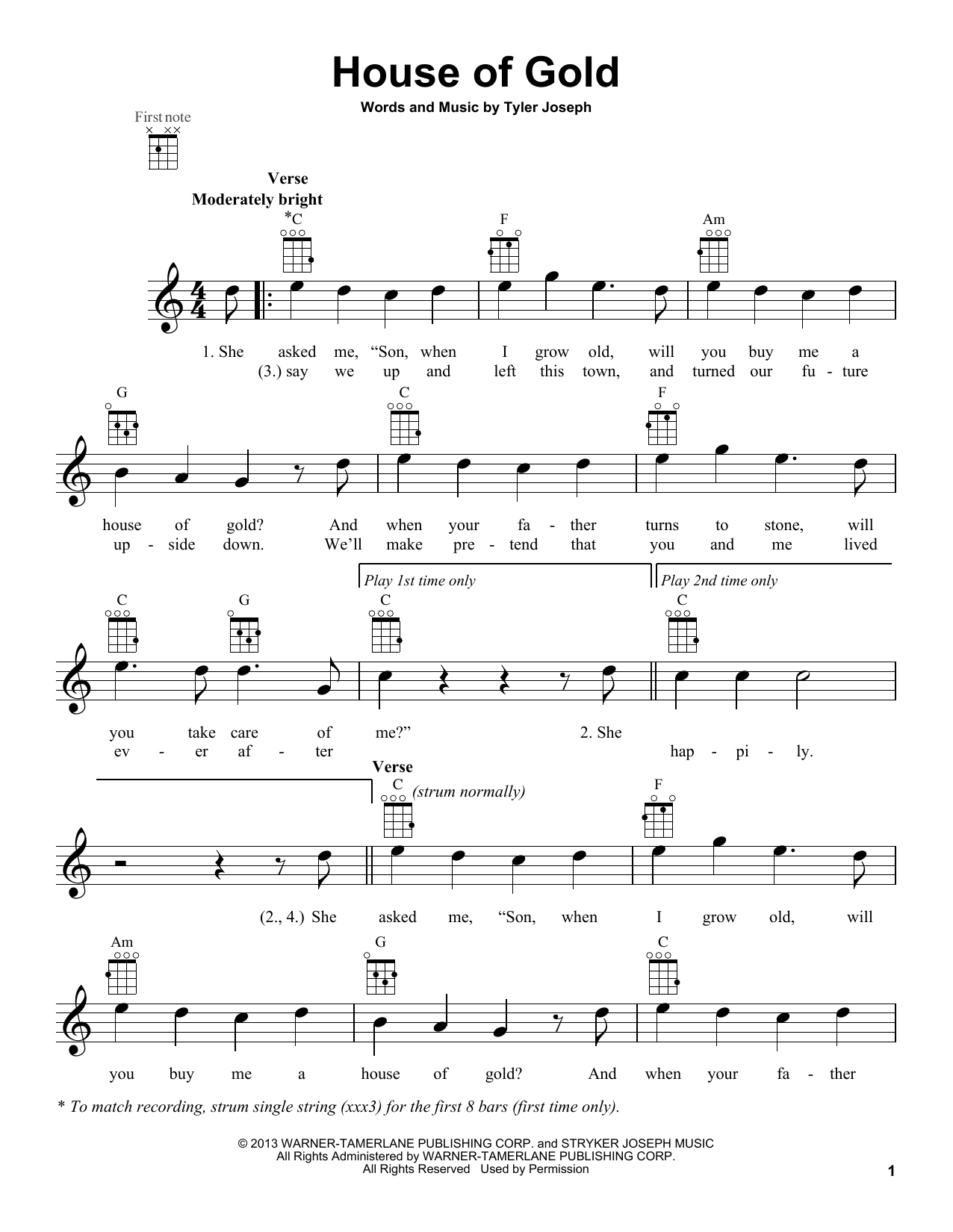 Twenty One Pilots House Of Gold Sheet Music Notes & Chords for Ukulele Chords/Lyrics - Download or Print PDF