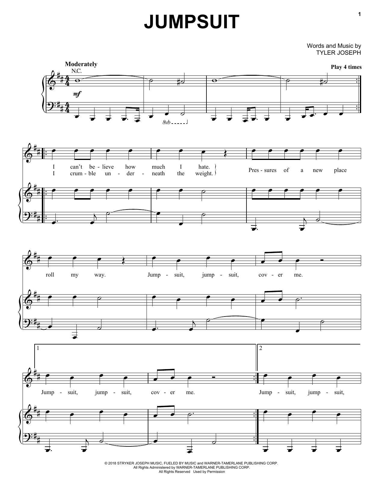 Twenty One Pilots Jumpsuit Sheet Music Notes & Chords for Piano & Vocal - Download or Print PDF