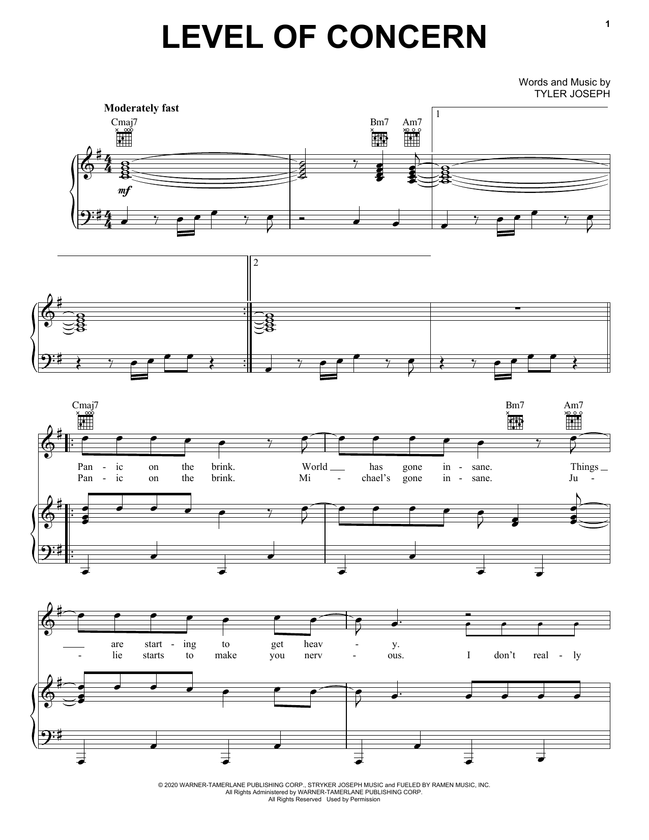 Twenty One Pilots Level Of Concern Sheet Music Notes & Chords for Piano, Vocal & Guitar (Right-Hand Melody) - Download or Print PDF