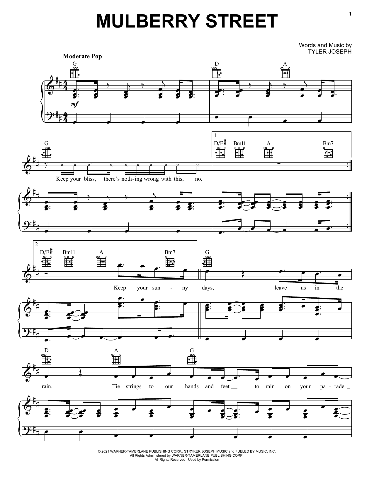 Twenty One Pilots Mulberry Street Sheet Music Notes & Chords for Piano, Vocal & Guitar (Right-Hand Melody) - Download or Print PDF