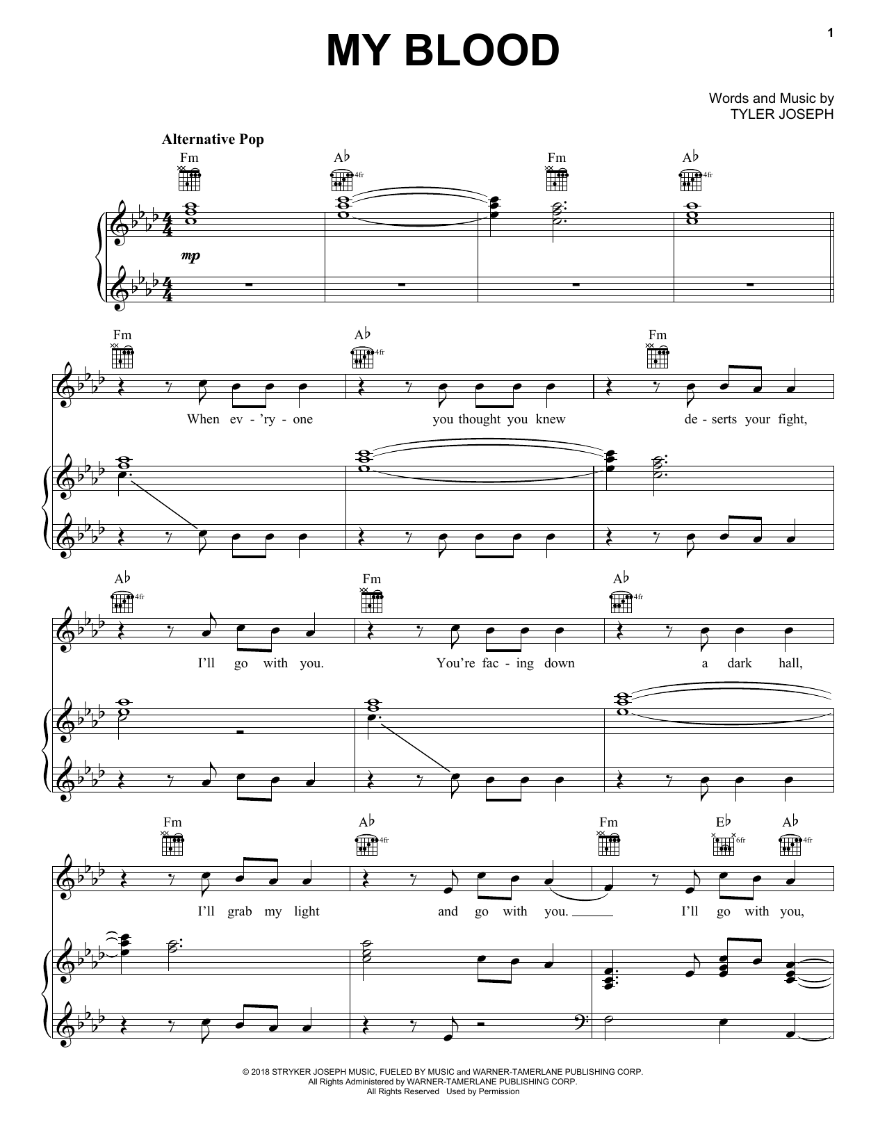 Twenty One Pilots My Blood Sheet Music Notes & Chords for Piano, Vocal & Guitar (Right-Hand Melody) - Download or Print PDF
