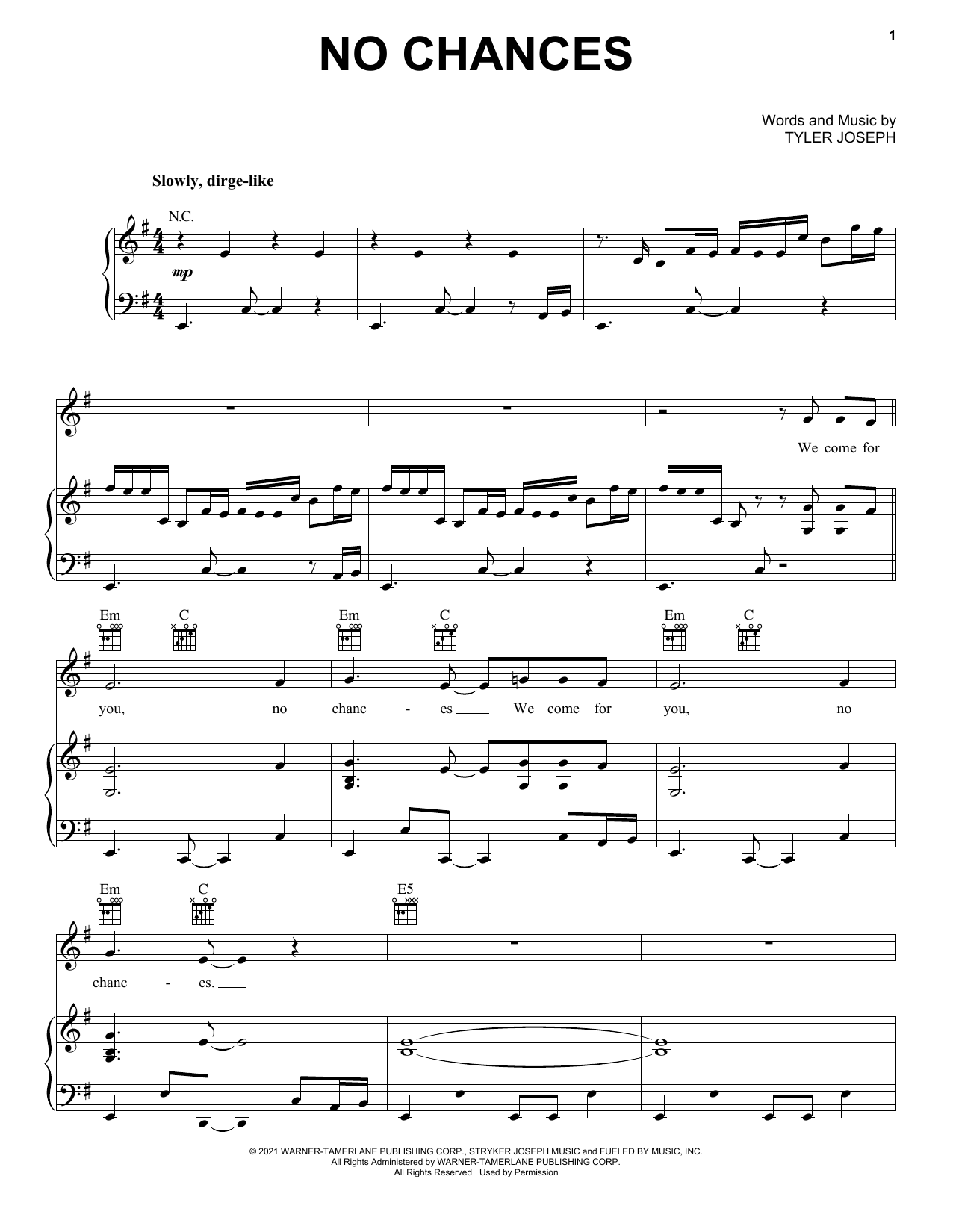 Twenty One Pilots No Chances Sheet Music Notes & Chords for Piano, Vocal & Guitar (Right-Hand Melody) - Download or Print PDF