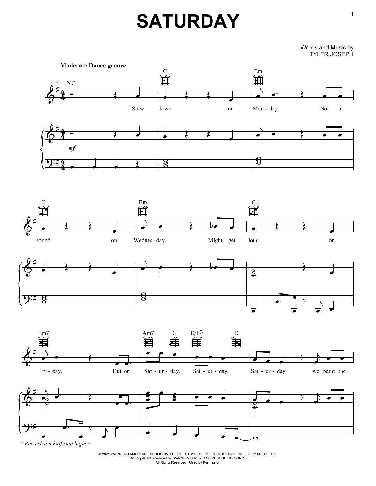 Twenty One Pilots Saturday Sheet Music Notes & Chords for Piano, Vocal & Guitar (Right-Hand Melody) - Download or Print PDF
