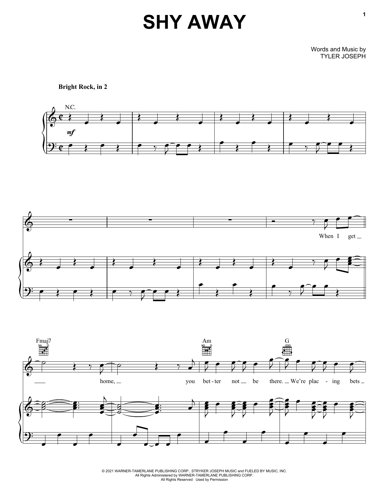 Twenty One Pilots Shy Away Sheet Music Notes & Chords for Piano, Vocal & Guitar (Right-Hand Melody) - Download or Print PDF