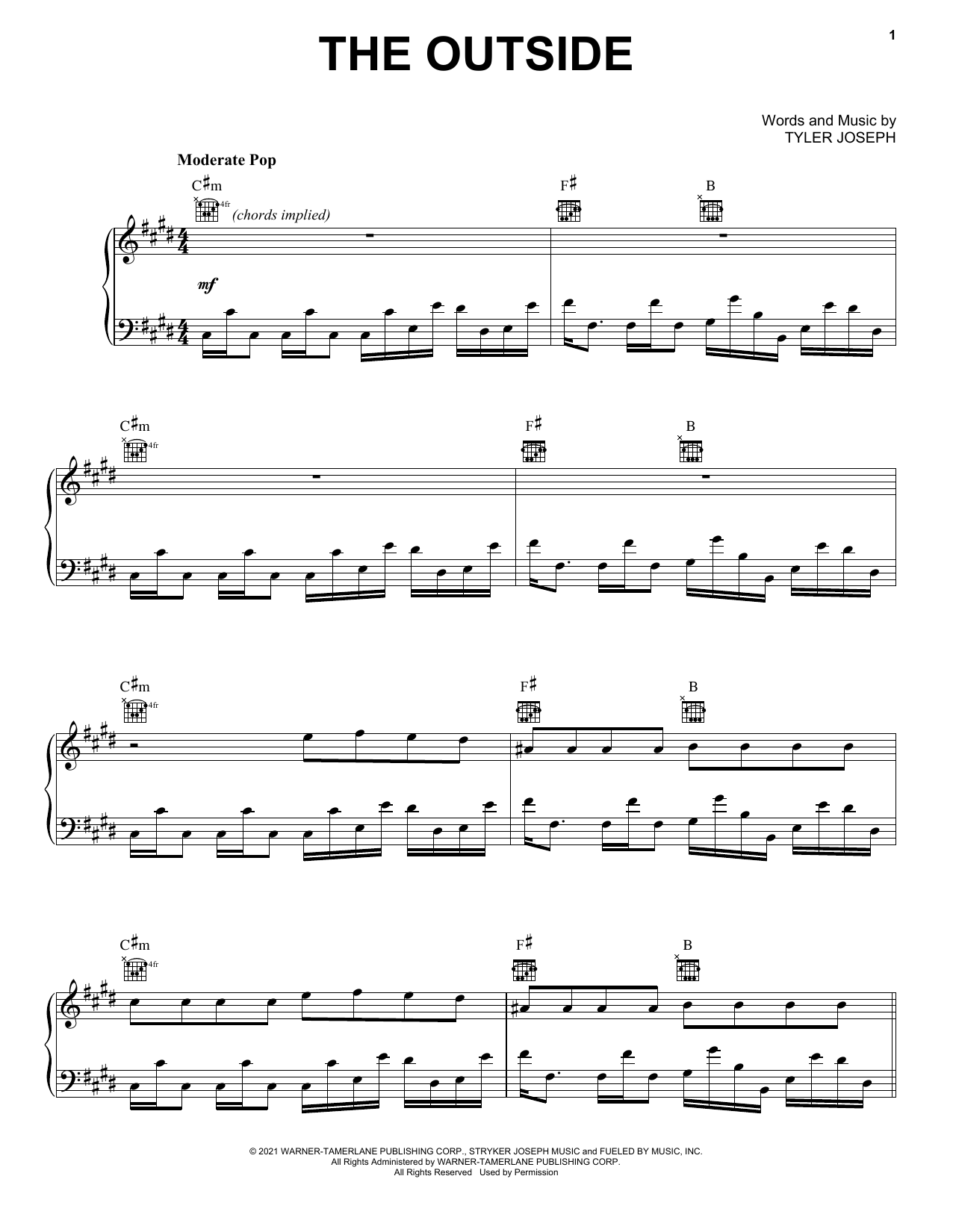 Twenty One Pilots The Outside Sheet Music Notes & Chords for Piano, Vocal & Guitar (Right-Hand Melody) - Download or Print PDF