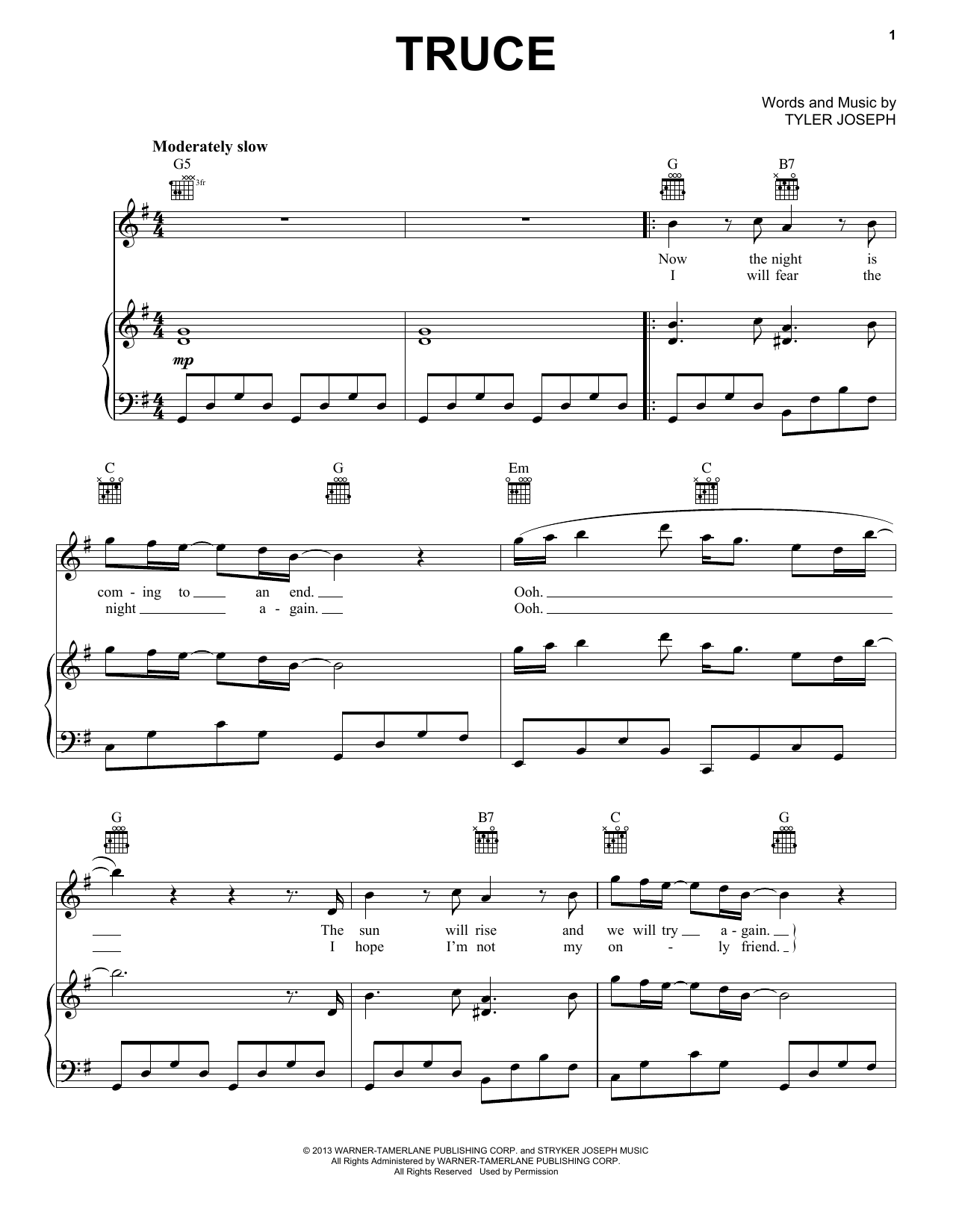Twenty One Pilots Truce Sheet Music Notes & Chords for Piano, Vocal & Guitar (Right-Hand Melody) - Download or Print PDF