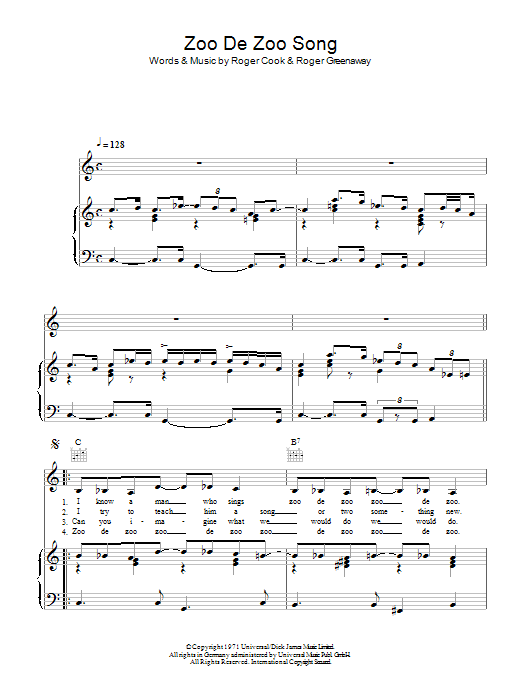Twiggy Zoo De Zoo Zong Sheet Music Notes & Chords for Piano, Vocal & Guitar (Right-Hand Melody) - Download or Print PDF