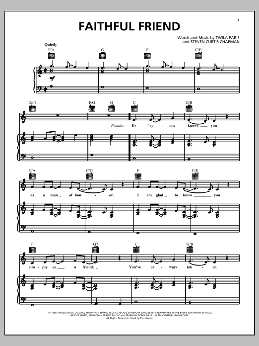 Twila Paris & Steven Curtis Chapman Faithful Friend Sheet Music Notes & Chords for Piano, Vocal & Guitar (Right-Hand Melody) - Download or Print PDF
