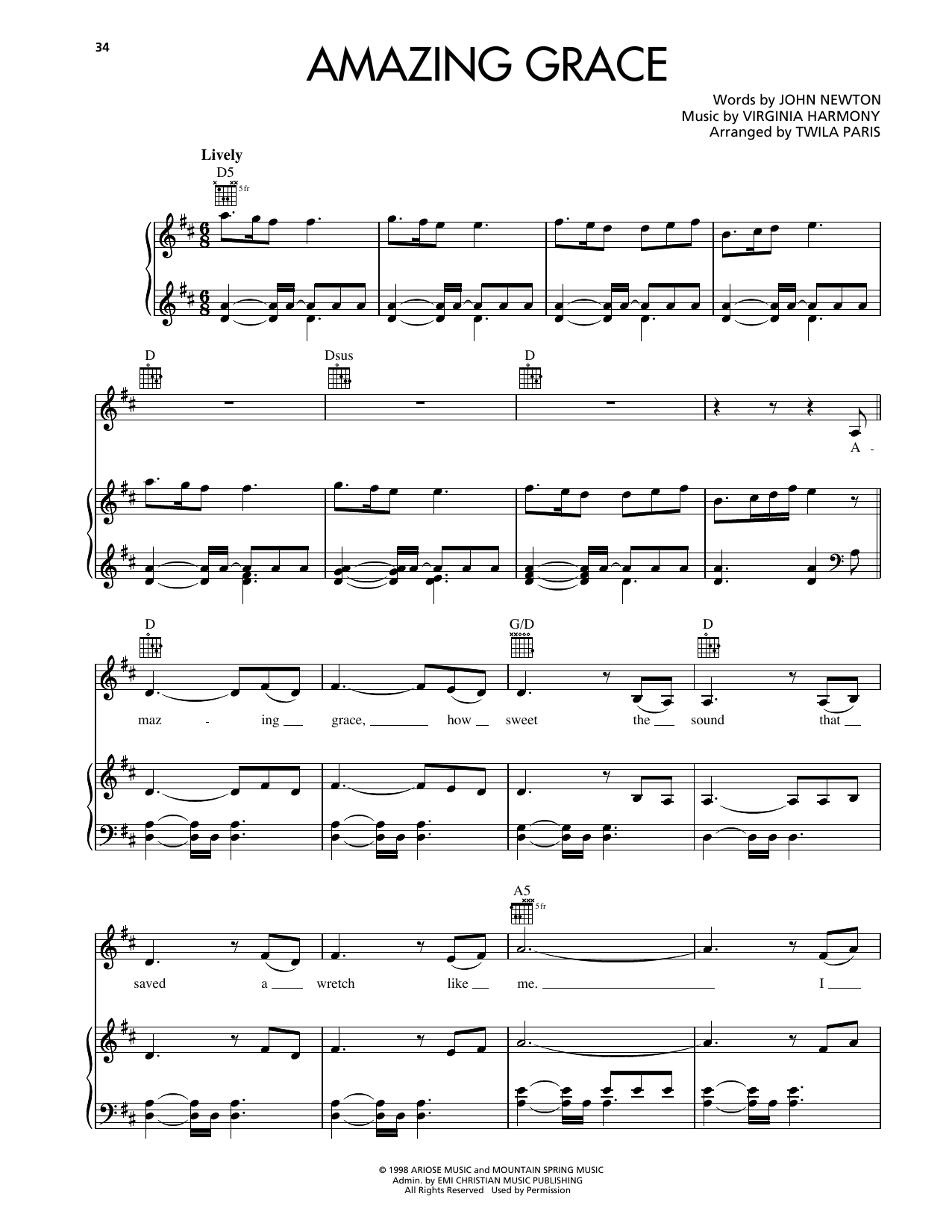 Twila Paris Amazing Grace Sheet Music Notes & Chords for Piano, Vocal & Guitar Chords (Right-Hand Melody) - Download or Print PDF