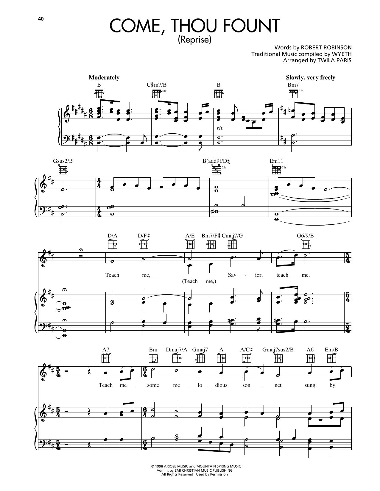 Twila Paris Come, Thou Fount (Reprise) Sheet Music Notes & Chords for Piano, Vocal & Guitar Chords (Right-Hand Melody) - Download or Print PDF