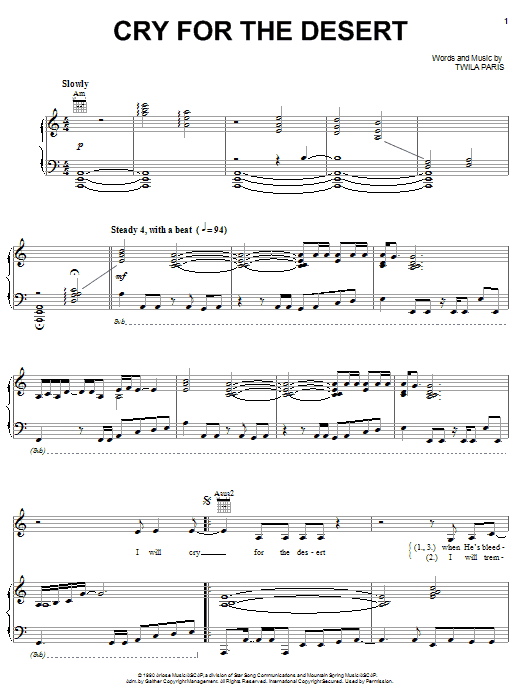 Twila Paris Cry For The Desert Sheet Music Notes & Chords for Piano, Vocal & Guitar (Right-Hand Melody) - Download or Print PDF Twila Paris Cry For The Desert Sheet Music Notes & Chords for Piano, Vocal & Guitar (Right-Hand Melody) - Download or Print PDF