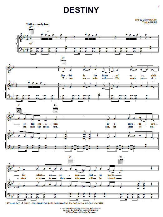 Twila Paris Destiny Sheet Music Notes & Chords for Piano, Vocal & Guitar (Right-Hand Melody) - Download or Print PDF