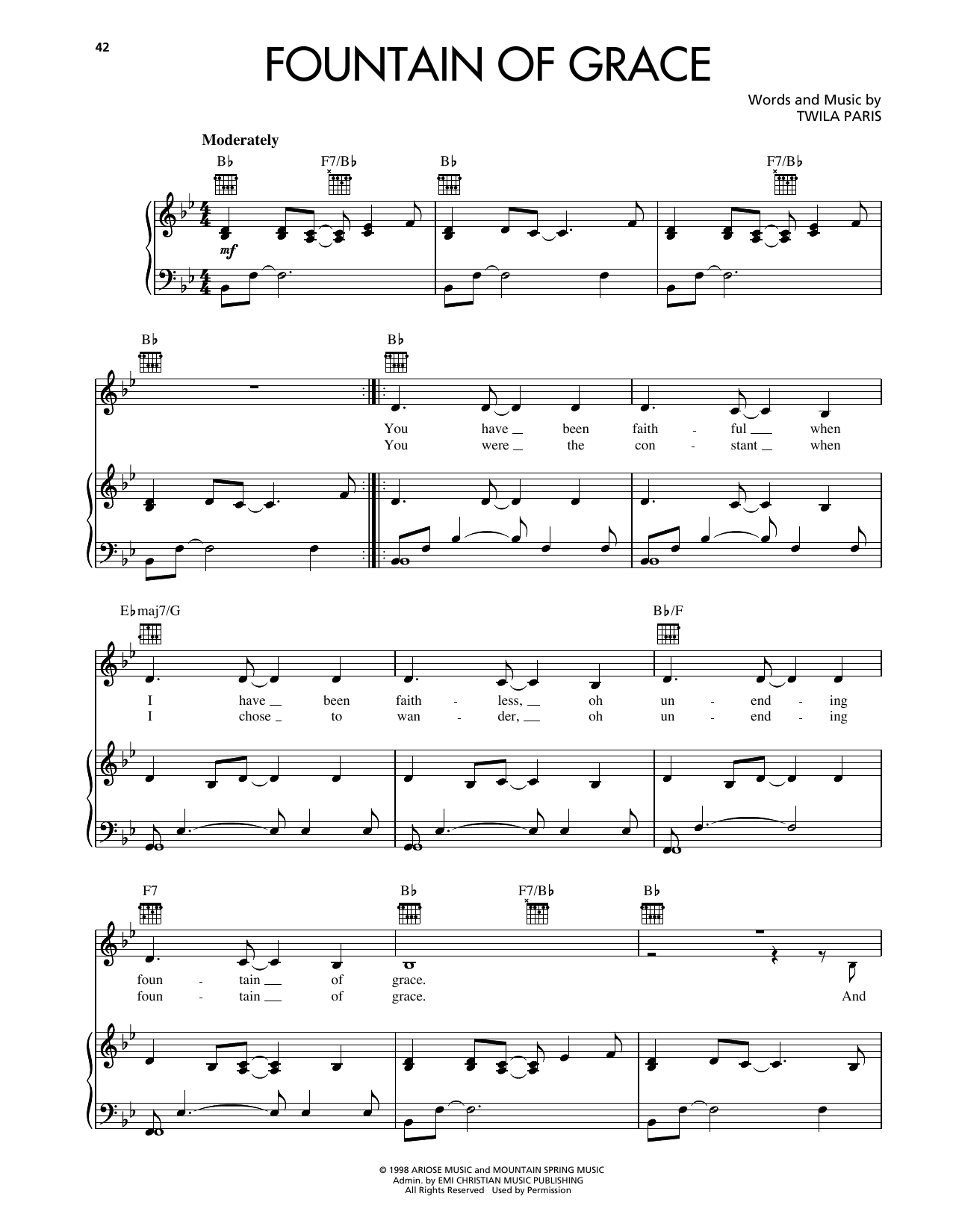 Twila Paris Fountain Of Grace Sheet Music Notes & Chords for Piano, Vocal & Guitar Chords (Right-Hand Melody) - Download or Print PDF
