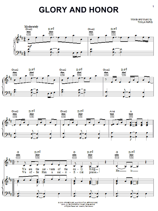 Twila Paris Glory And Honor Sheet Music Notes & Chords for Piano, Vocal & Guitar (Right-Hand Melody) - Download or Print PDF Twila Paris Glory And Honor Sheet Music Notes & Chords for Piano, Vocal & Guitar (Right-Hand Melody) - Download or Print PDF