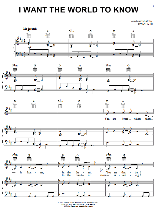 Twila Paris I Want The World To Know Sheet Music Notes & Chords for Piano, Vocal & Guitar (Right-Hand Melody) - Download or Print PDF Twila Paris I Want The World To Know Sheet Music Notes & Chords for Piano, Vocal & Guitar (Right-Hand Melody) - Download or Print PDF